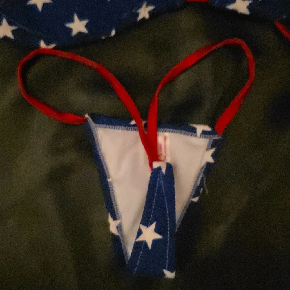 Sexy American Flag Swimsuit Triangle Top And Thong With Coverup 3 Piece - Picture 6 of 11